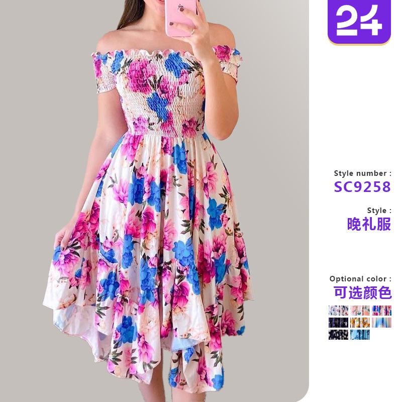 2026 European and American cross-border Amazon ebay dress one-word shoulder irregular off-the-shoulder digital printing medium and long dress