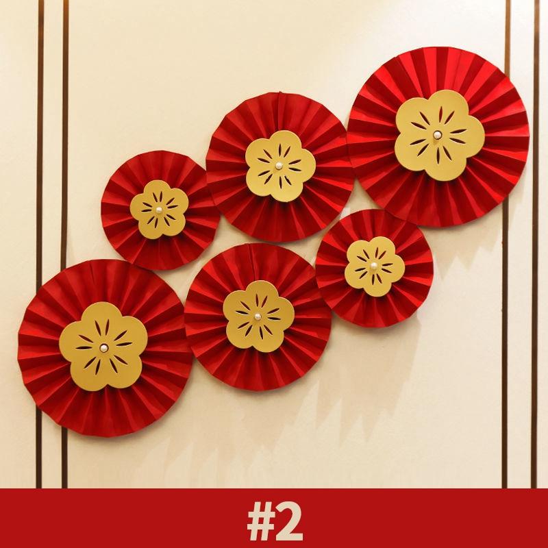6PCS Red Hanging Paper Fan Chinese New Year Wedding Paper Fans Set Flower Paper Craft Background Wall Decor DIY Party Supplies