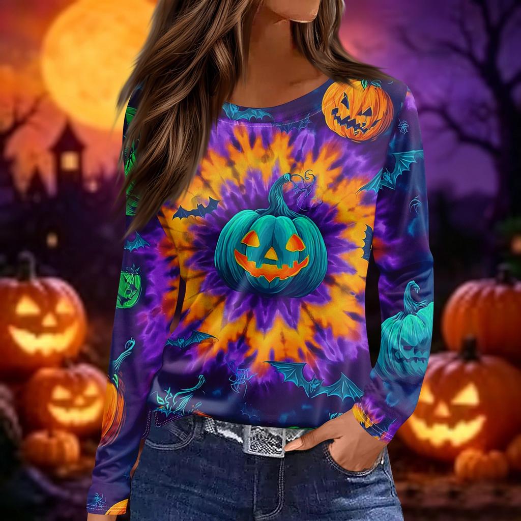 Women's Long Sleeve Casual Pullover Top Halloween Pumpkin Print Crew Neck Split Hem Blouse Lightweight Comfortable Fit