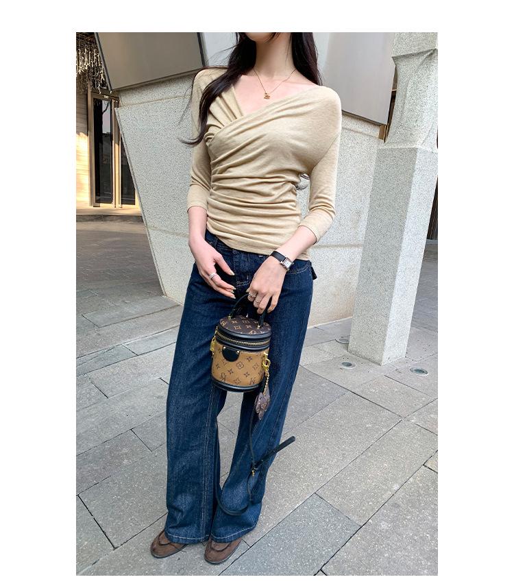 Women's Slim-Fit Tencel Wool V-Neck Mid-Sleeve Top - Korean Style, Spring/Summer 2026 Collection