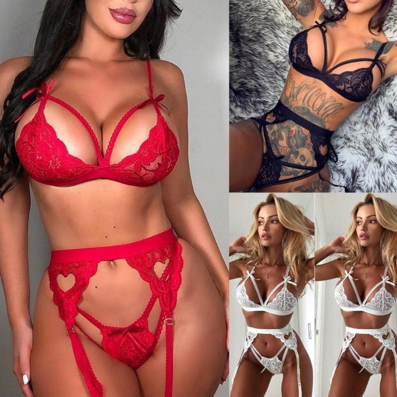 Sexy Deep V Lingerie Set for Women Heart Back 3 Piece Outfit with Garter Belt Erotic Babydoll Nightwear Temptation Three Styles