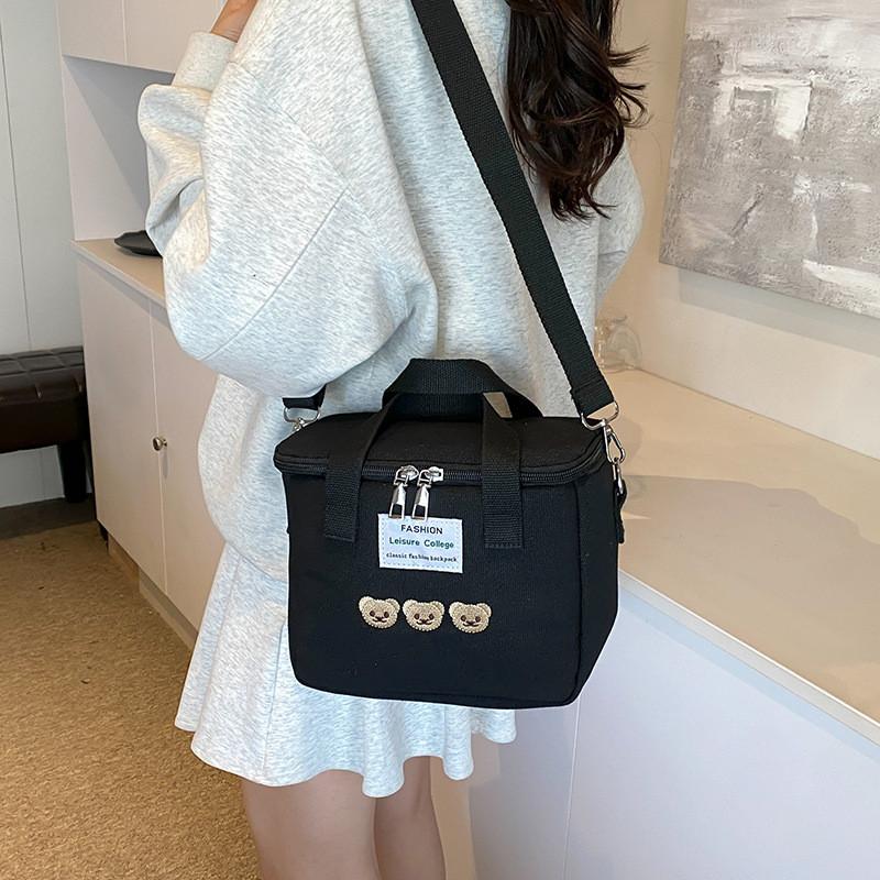 Embroidered Teddy Bear Double Zipper Messenger Bag Simple Square Shoulder Bags