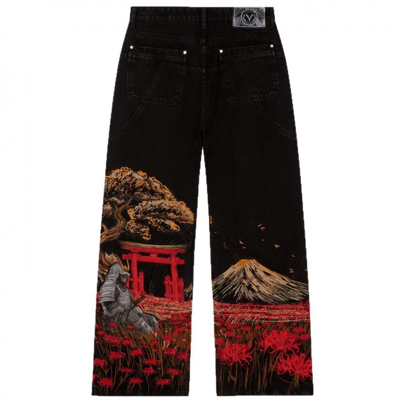 Heavy Embroidery Wide Leg Straight Cut