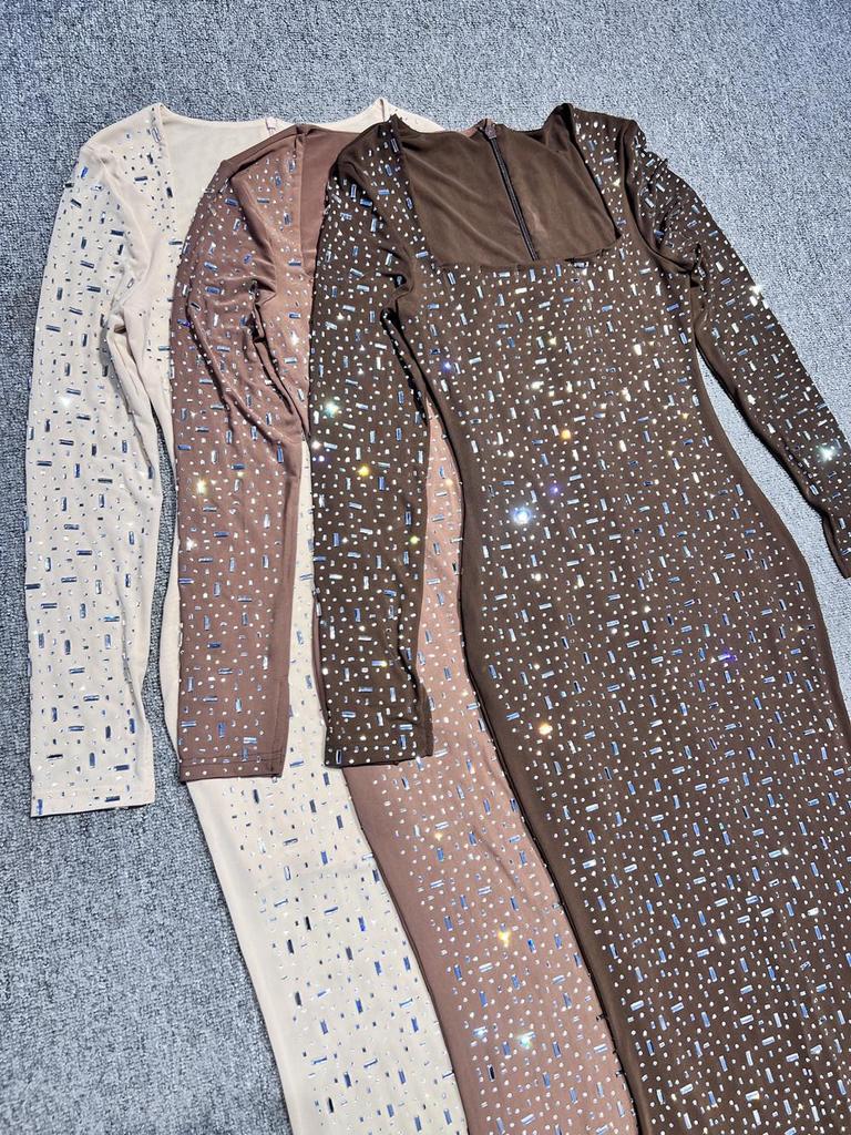 European & American Heavy Industry Rhinestone Sexy Slim-fit Long-sleeve See-through Evening Dress