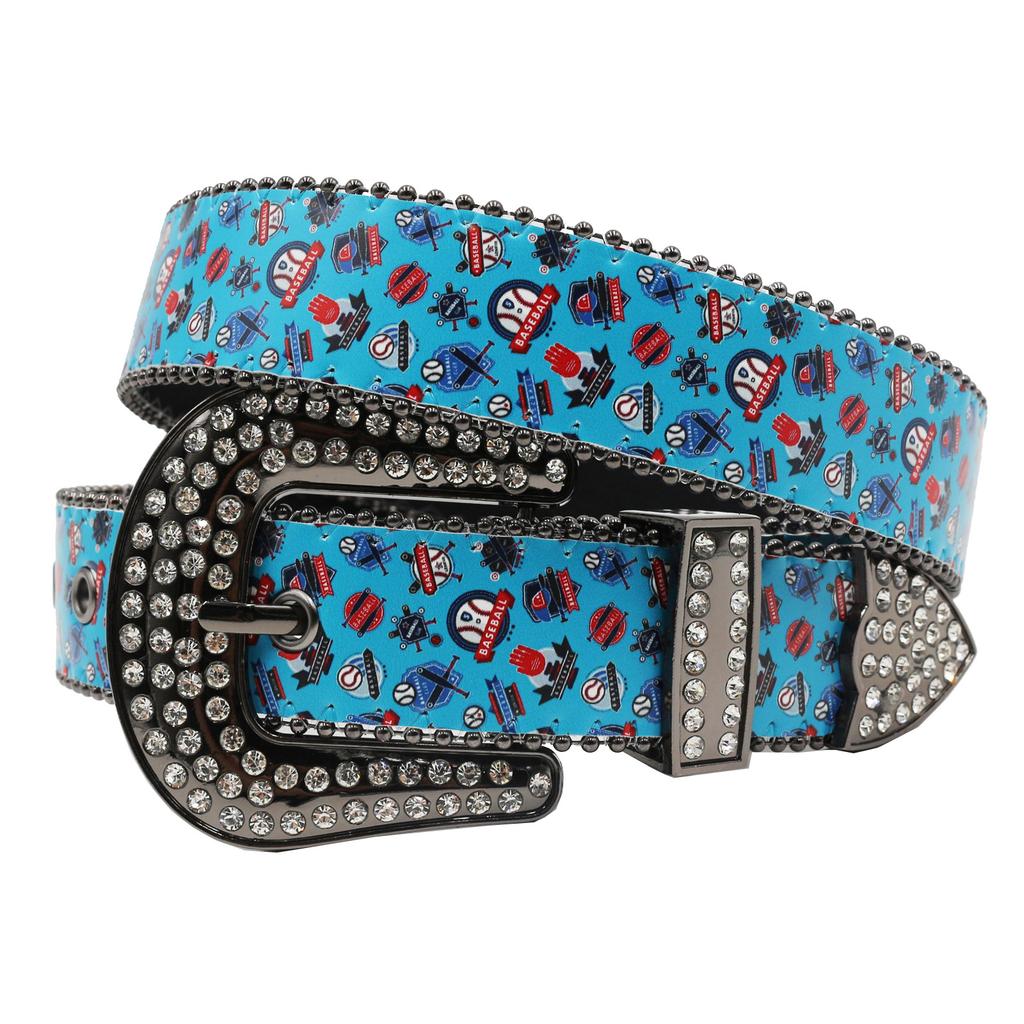Rhinestone Belt Printed and Painted Baseball Graffiti Rhinestone Printed Belt Personality Fashionable Versatile PU Belt