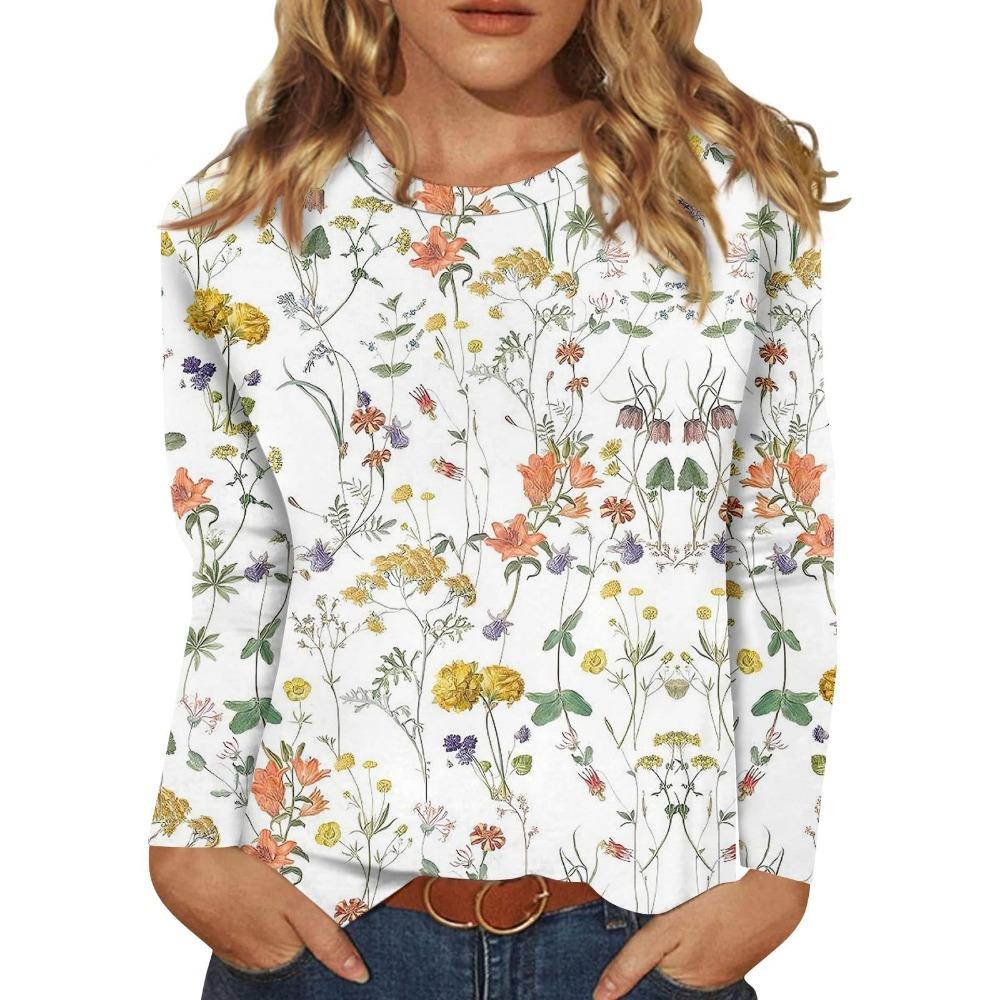 2025 New Women's Flower Fashion Print Long Sleeve T-shirt Sports Leisure Cute Polyester Ultra-thin Round Neck Long Sleeve