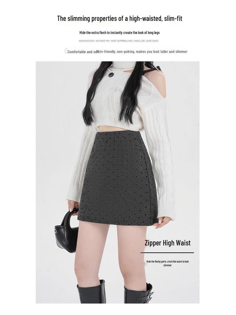 Women's High-Waisted Gray Polka Dot Woolen Half-Skirt - Slimming, Thickened, Petite Fit for Autumn/Winter 2025