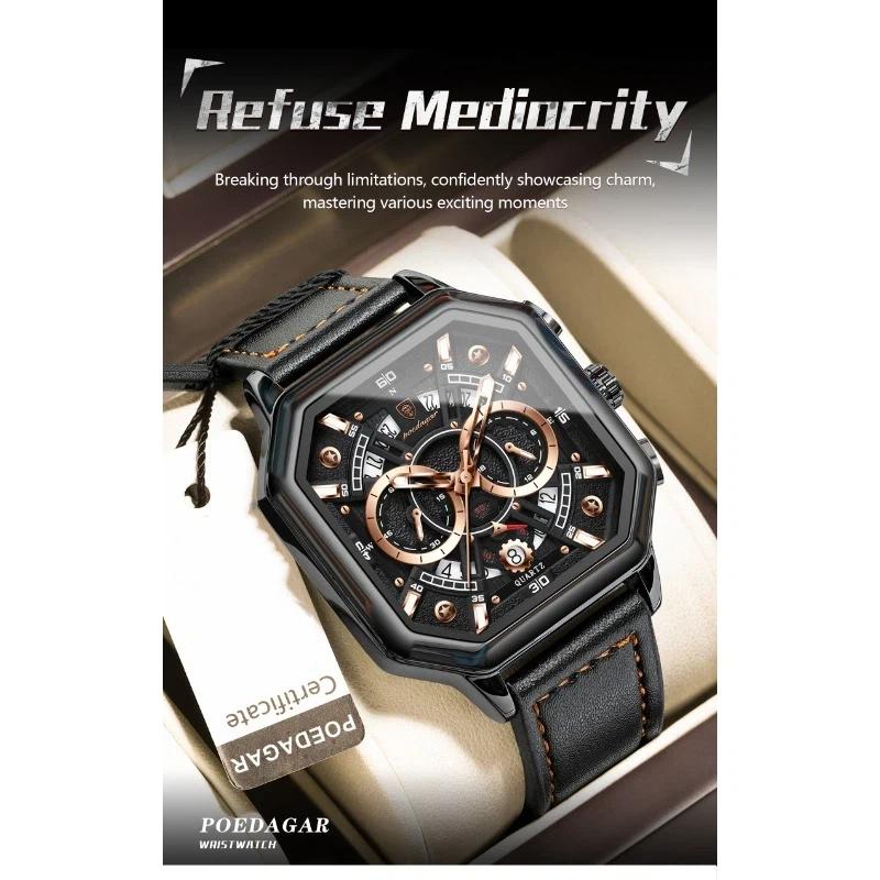 POEDAGAR Luxury Chronograph Square Man Watch Waterproof Luminous Date Men Watch Sports Leather Men's Watches Quartz