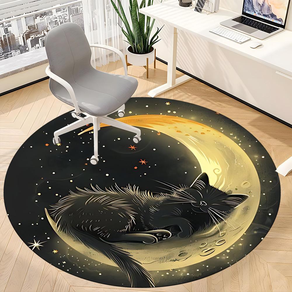1PC Moon Cat Office Round Area Rug, Mat Suitable For Office, Under Office Chairs Bedroom Living Room Home Decor, Room Deco
