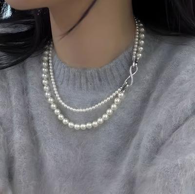 Split 8-button Double-layer Stacked Neck Chain Temperament High-end Pearl Sweater Chain Light Luxury Niche Collarbone Chain Accessories