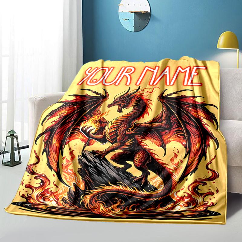 1PC Custom Name "Fiery Dragon Artwork" flannel blanket versatile,all-season throw suitable for the living room,bedroom,camping,travel,and gift
