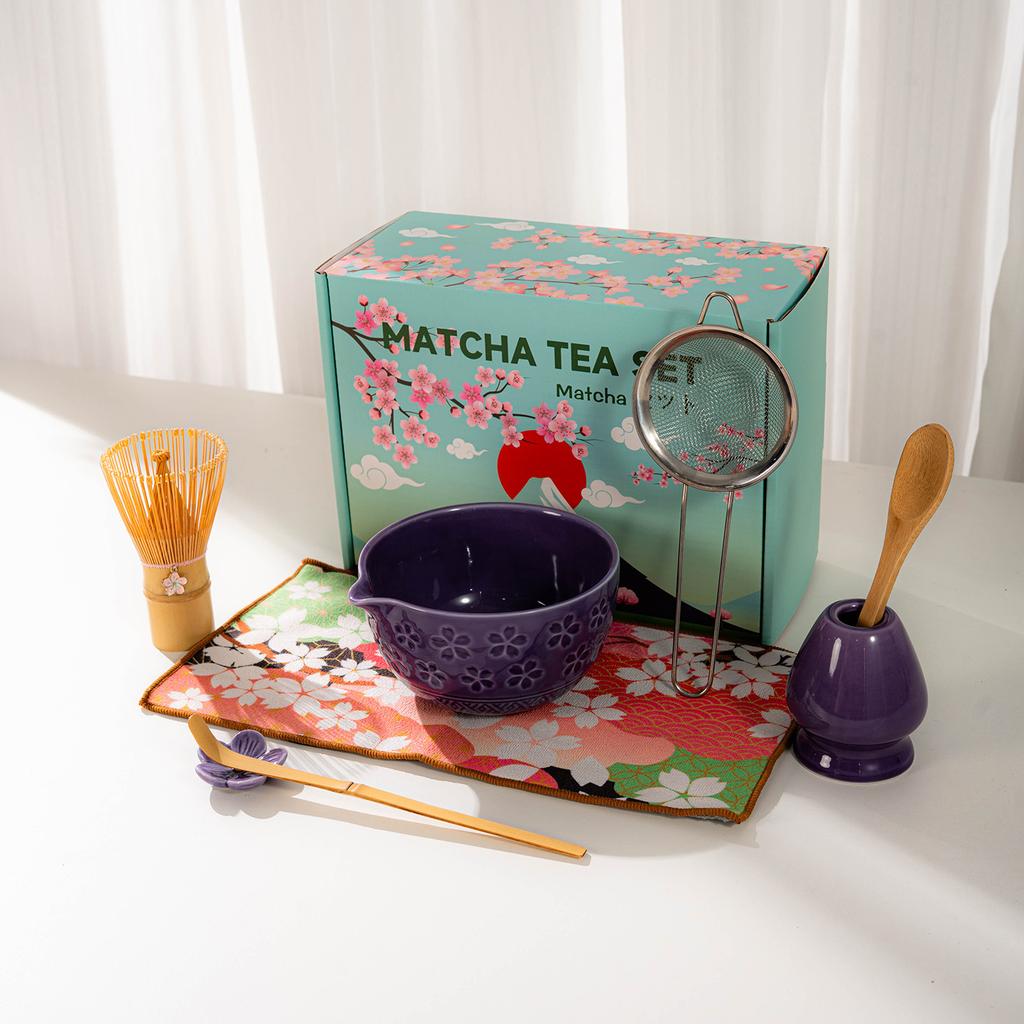 Japanese Matcha Tea Set With Cherry Blossom Pattern, Bamboo Whisk, Ceramic Matcha Bowl, Matcha Making Kit, Tea Utensils Set Gift