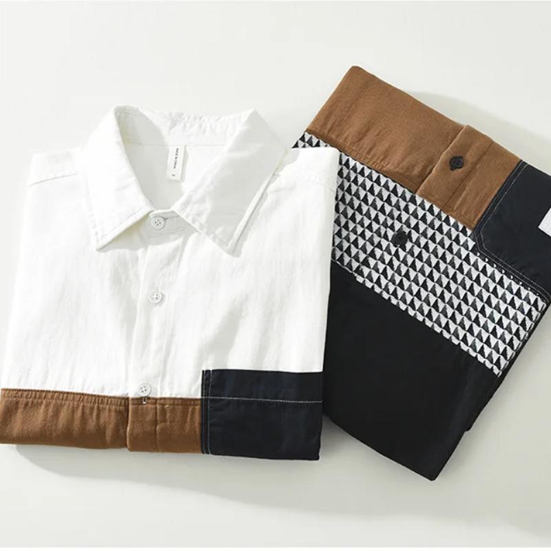 2024 Spring White Shirt Men Casual Long Sleeve Shirts 100% Cotton Plaid Patchwork Designer Loose Men's Fashion Shirt