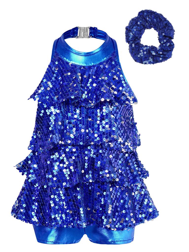 Shiny Sequins Halter Leotard for Girls: Backless Design with Hair Tie Headwear for Modern Jazz Latin Dance Costume