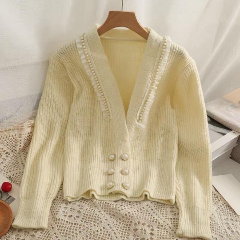 

Модный двубортный вязаный кардиган с длинным рукавом, свитер с кружевом, бисерные свитера для женщин, куртки, женские облегающие зимние кардиганы 25536 One Size абрикосовый