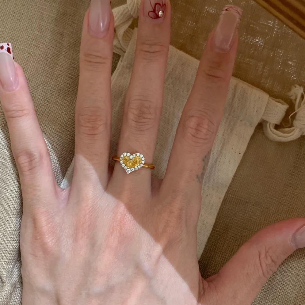 Open Ring Vintage Gold Heart Cut Yellow Zirconia Ring for Women Full Diamond Sparkling Love Jewelry