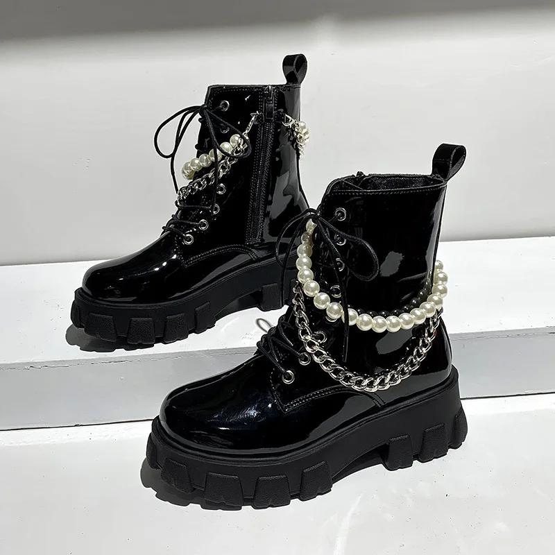 Fashion Autumn Winter Platform Leather Pearl Chain Women's Motorcycle Boots Designer Soft-soled Ladies Shoes Fashion Ankle Boots Female