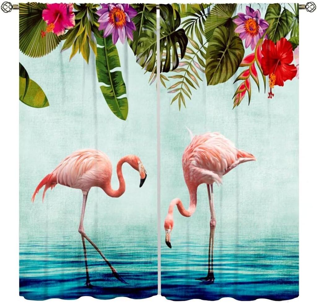 Flamingo Curtains,Tropical Plants Flower Print Window Treatments for Bedroom Living Room Jungle Animal Birds Drapes 2 Panel Set