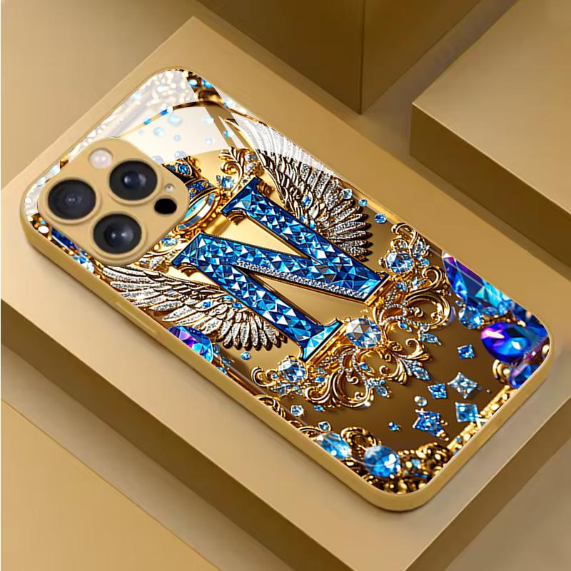Niebieskie Diamentowe Skrzydła Litera N Etui ze Szkła Hartowanego na Telefon Dla iPhone 18 17 16 Pro Max 15 14 Plus 13 12 11 Pro Max 16E 17 Air Cover
