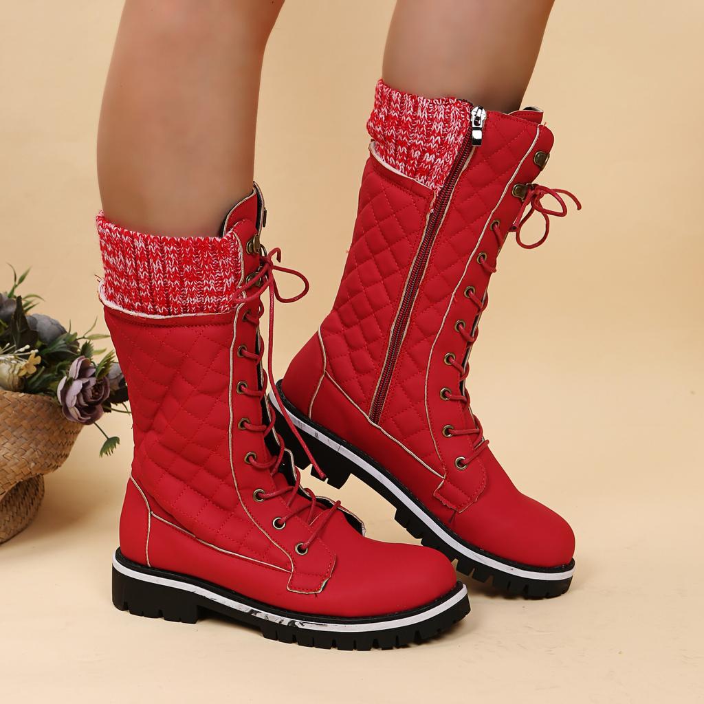 High-quality Winter Warm Boots Women's Winter Side-pull Lace-up Knitted Mid-tube Boots Low-heeled Round-toe Boots Botas De Mujer