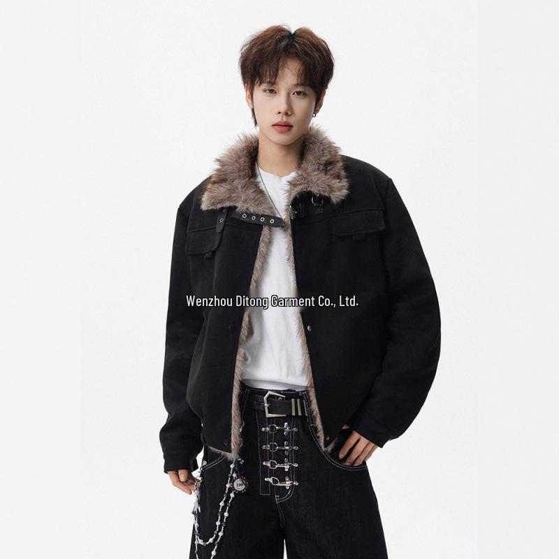 Men s Winter Lambswool Suede Jacket - Retro Motorbike Style, Warm Velvet-Thickened, Loose Fit, American Lapel Design Coa XXL