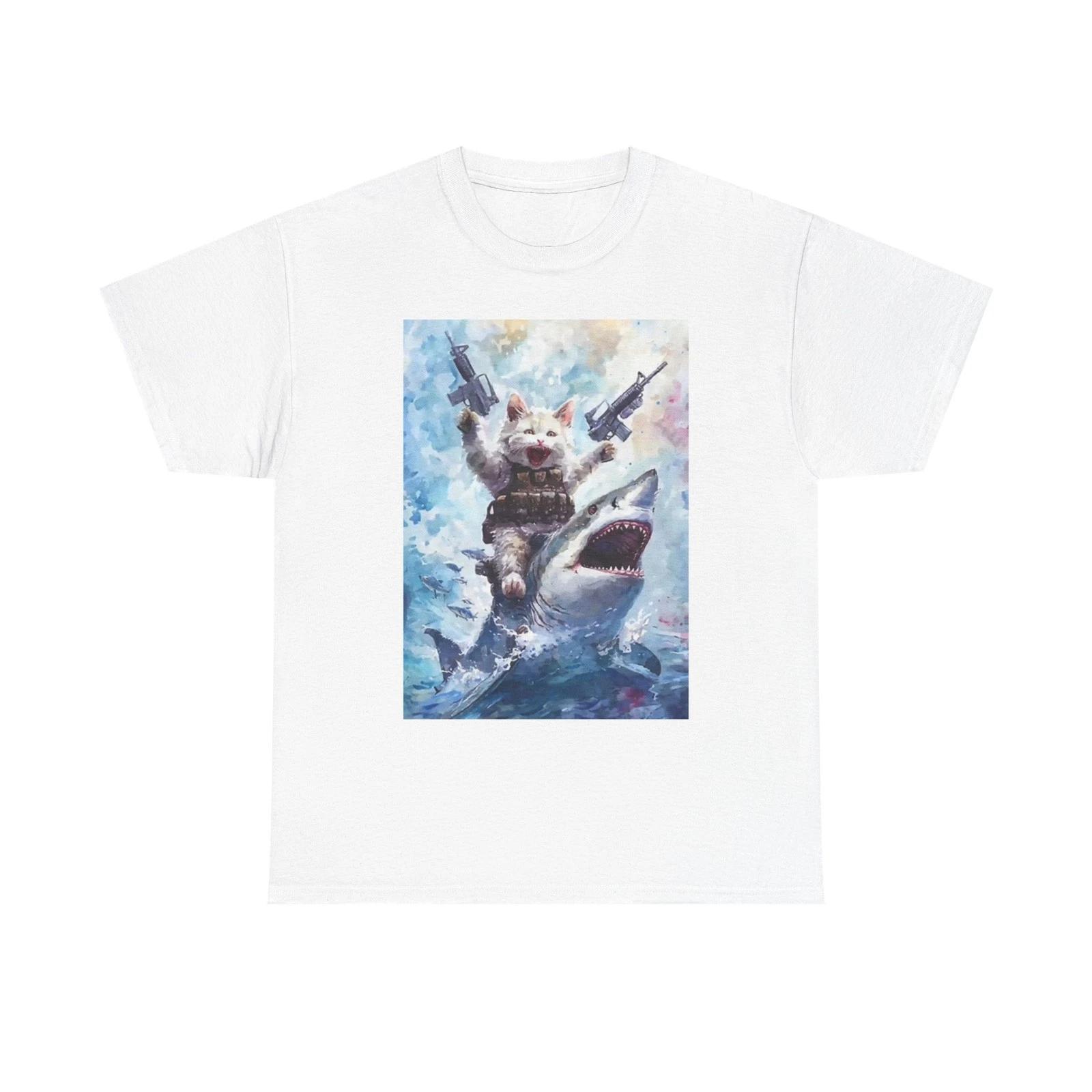 Gangster Kitty On Shark Graphic T Shirt Funny Unisex Heavy Cotton Tee M