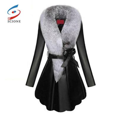 Leder Damen Plus Baumwolljacke, schlankes, dünnes PU-Fell, Fellimitat, Fuchspelzkragen, großes Silberfuchsfell