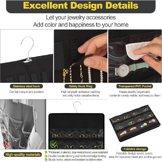 Hanging Jewelry Organizer with Multi-size pockets Double-Sided Jewelry Holder for Earrings, Necklaces, Rings on Closet, Wall, Door,Jewelry Organizer