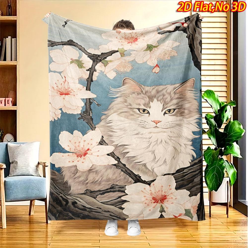 1pc Cherry Blossom Cat Blanket Suitable for All Seasons, Soft Flannel Throw Bedspread with Kitten & Print, Machine Washable Cozy Gift for,,, Dorm - 10