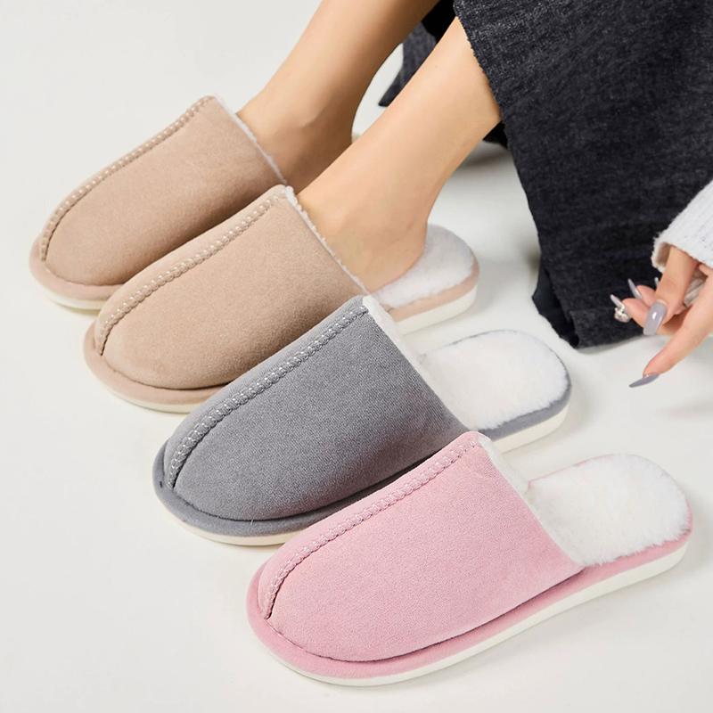 Fashion Concise Round Toe Cotton Slippers for Women Winter Indoor Faux Suede Plush Slippers Woman Light Slip On Cotton Slides Mujer