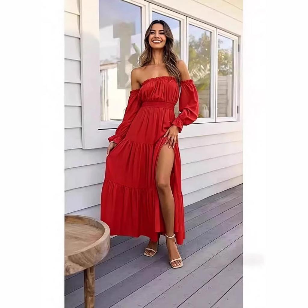European and American new bohemian sexy off-the-shoulder dress with pleated side split long skirt