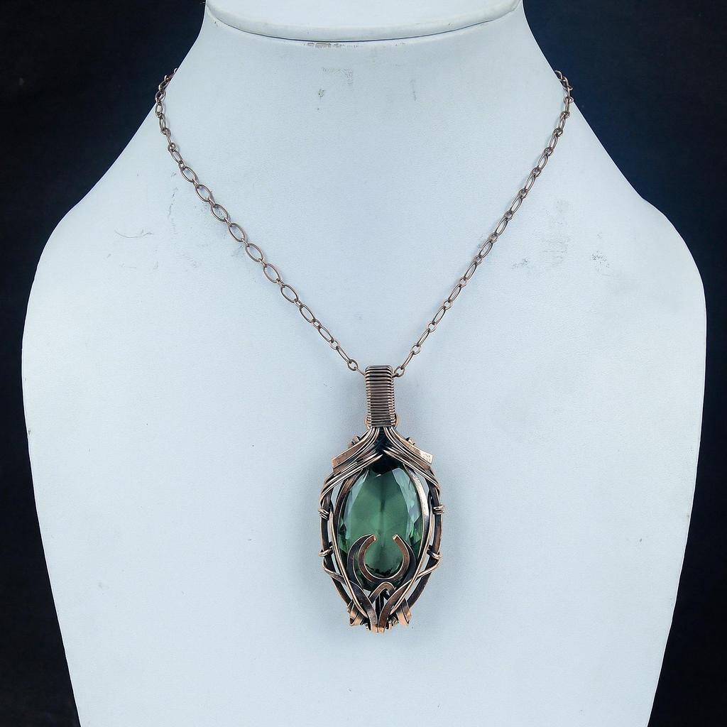 Green Amethyst Gemstone Pendant, 999 Copper Wire Wrapped Pendant, Handmade Antique Jewelry, Gift For Mother Day