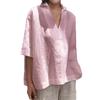 2026 Spring/Summer V-neck Cotton Linen Loose Mid-Sleeve Solid Women's Shirt