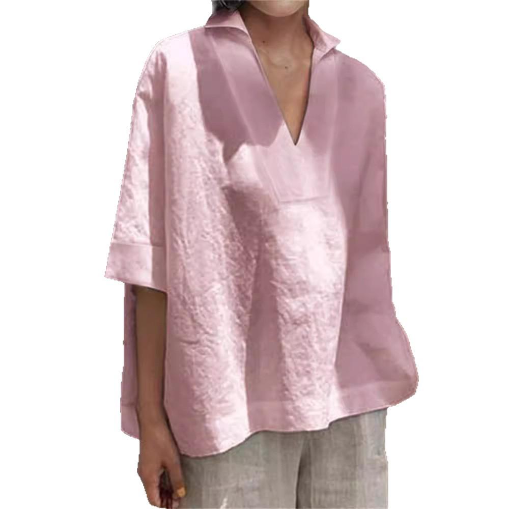 2026 Spring/Summer V-neck Cotton Linen Loose Mid-Sleeve Solid Women's Shirt