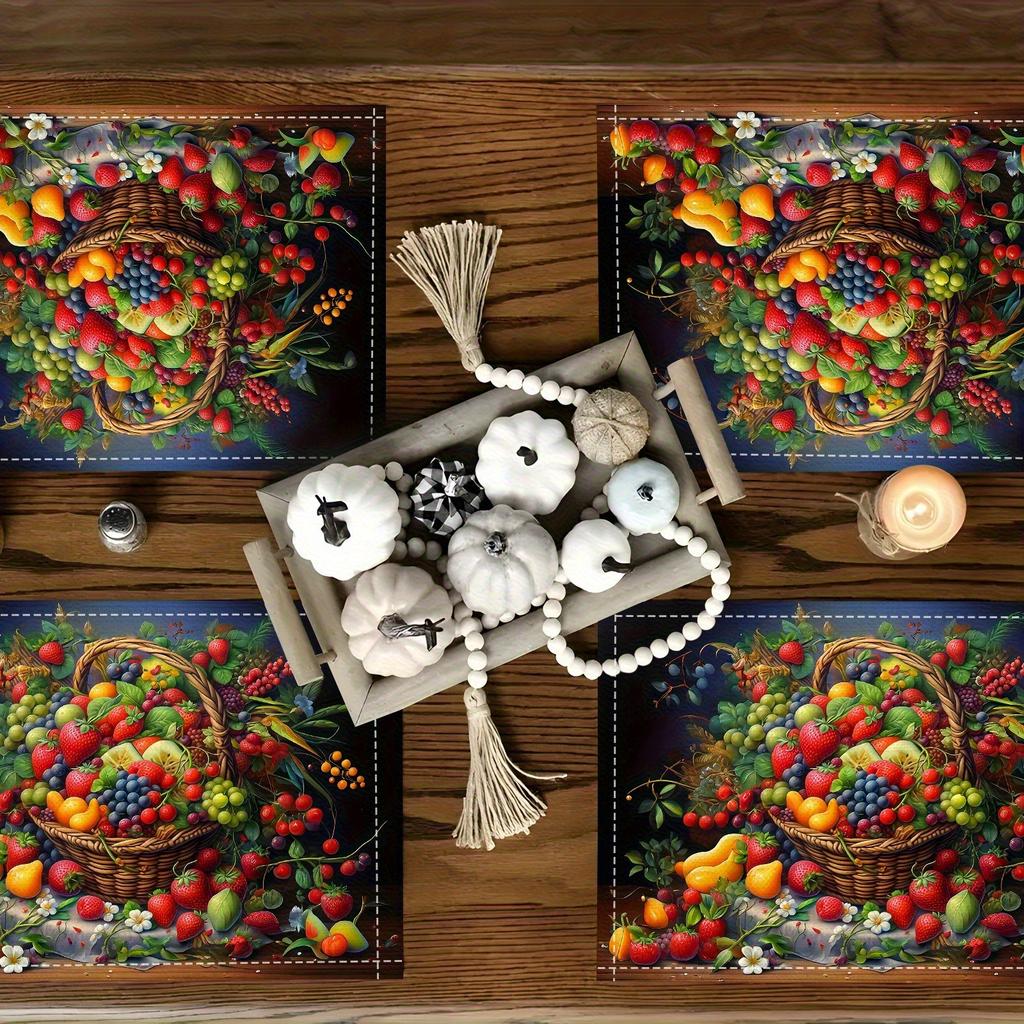 A set of 4 creative fruit element printed placemats that make your dining kitchen more beautiful, perfect for coffee tables, dining tables, and home