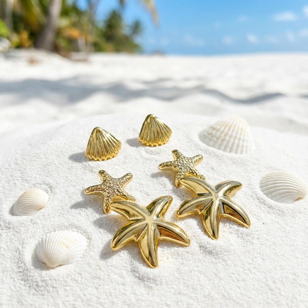 Vintage Gold Color Textured Starfish Shell Earrings Set Chunky CCB Scallop Conch Stud Earring for Women Summer Aesthetic Jewelry