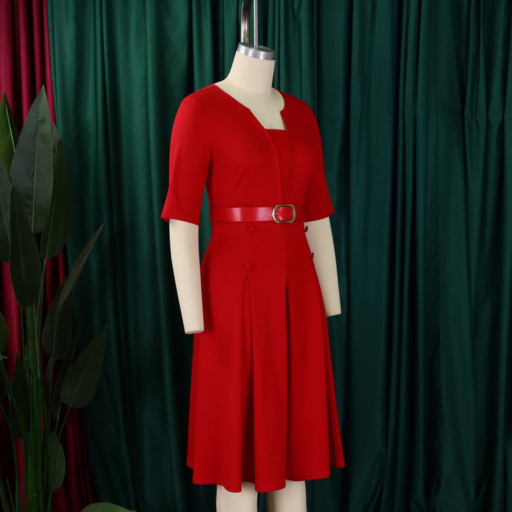 Autumn Fashion Plus Size Women's Elegant Temperament Pure Color Five-quarter Sleeve African Dress with Graceful Style