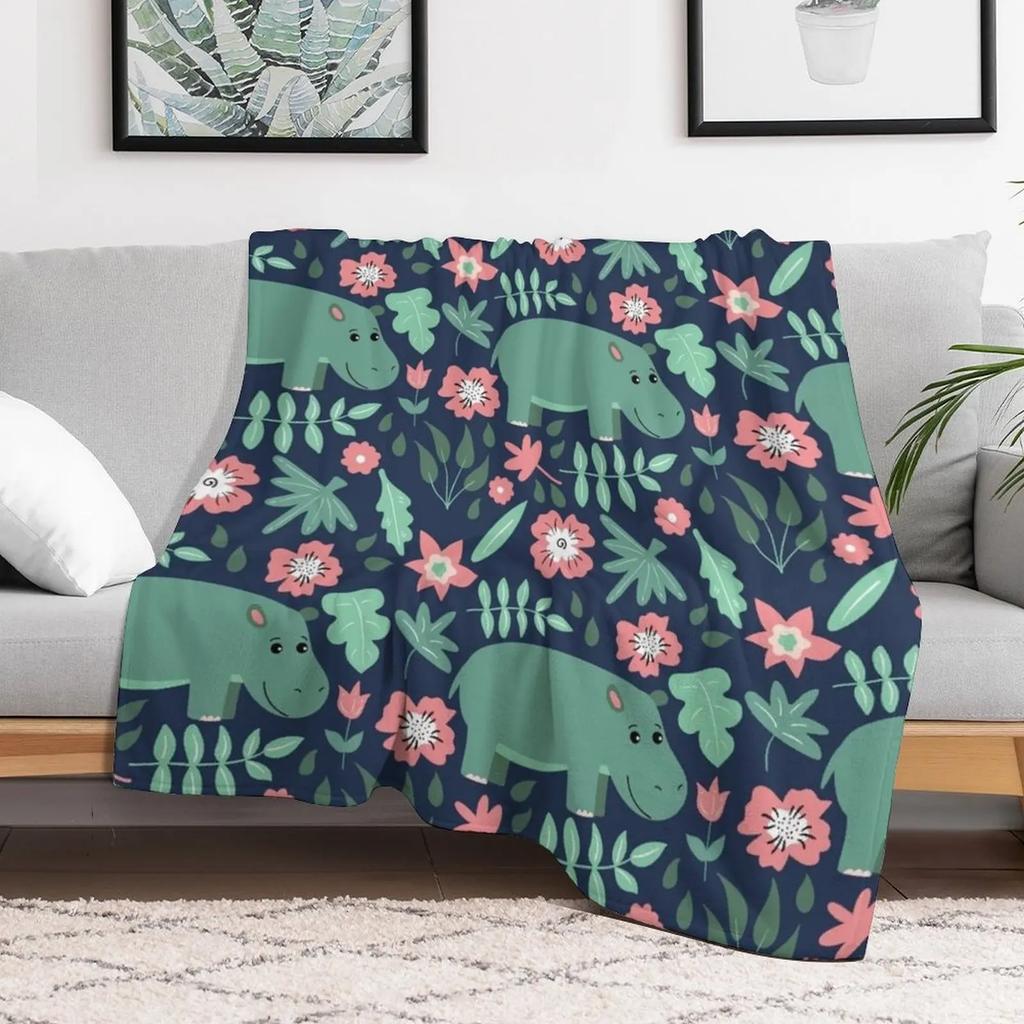 Green Hippo Floral Pattern Throw Blanket Foldable Soft Warm Blanket for Outdoor Use