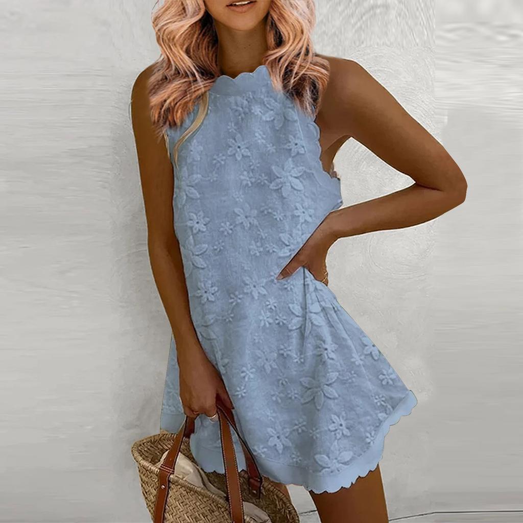 Women's Embroidered Casual Sleeveless Dresses Women's Tank Dress Sleeveless Round Neck  Dress Solid Color Summer Loose Casual Lace Dress