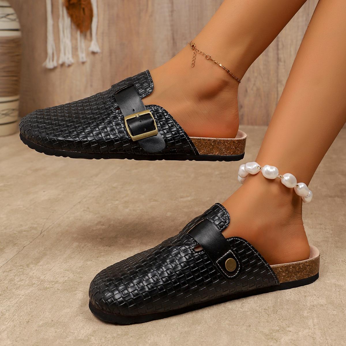 

Fashion Summer Women Adjustable Cork Slippers Woman Soft Leather Slides Sandals Black knit Style Cover Toe Slipper Plus Size 43 35 чёрный