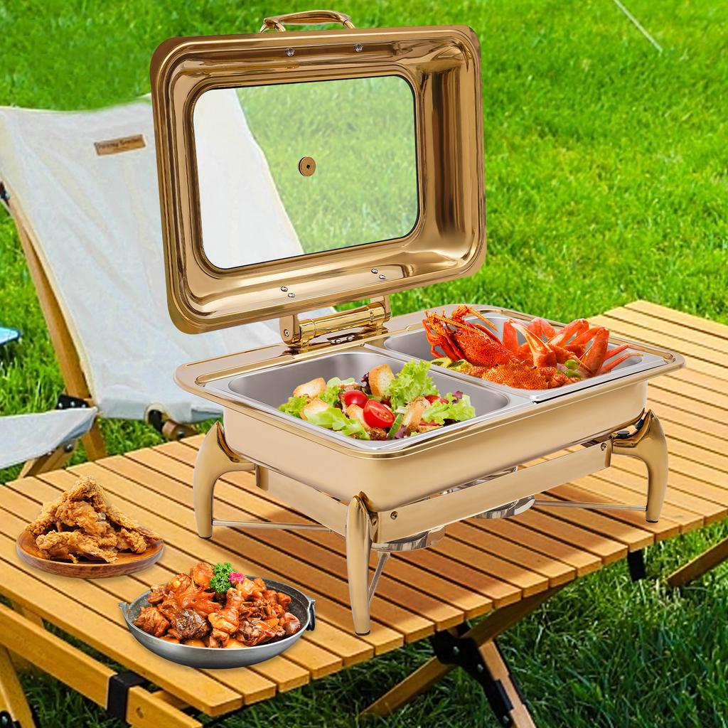 9L Gold Rectangle Dual Compartment Chafing Dish Buffet Set, Serving Plate for Kitchen & Dining - 90° Opening Angle, 58.5x44x30cm