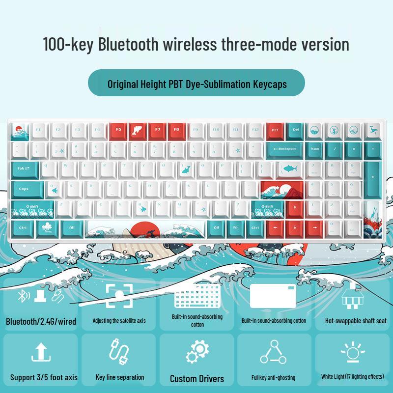 Wireless Bluetooth Mechanical Keyboard - 100-Key, Three-Mode, Compact Design, Office Customizable, Hot-Swappable Switches