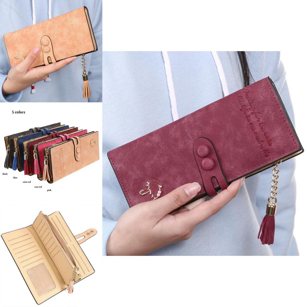 Elegant Women Leather Card Holder Long Trifold Wallet With Tassel And Checkbook Pocket