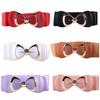 Women Bowknot Buckle Metallic Faux Leather Waistband Elastic Croset Waist Belt
