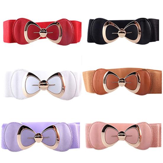 Women Bowknot Buckle Metallic Faux Leather Waistband Elastic Croset Waist Belt