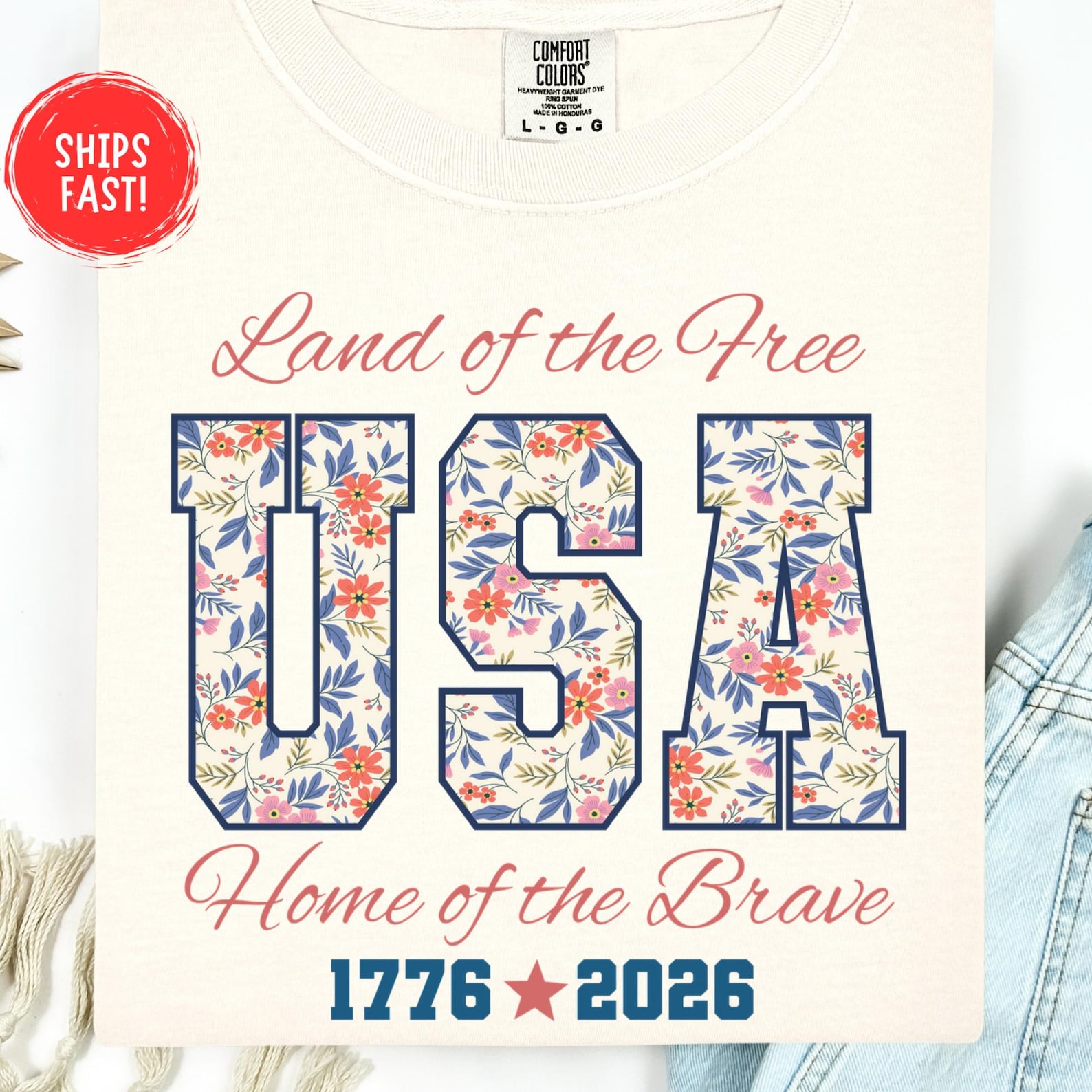 Land Of The Free USA Home Of The Brave Shirt Patriotic 1776-2026 America Flag Tee Independence Day 4th of July Vintage USA Comfort Colors S