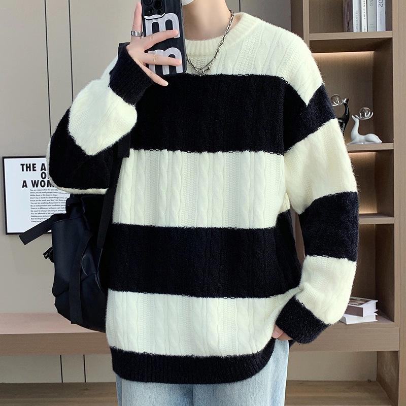 Men's Trendy Striped Cable Knit Sweater - Autumn/Winter 2025 Loose Warm Woolen Base Layer.