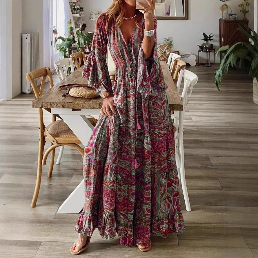 Bohemian Style Flared Sleeve Print V-neck High Waisted Vacation Dress with Floral Detailing for Women