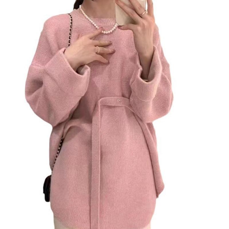 Autumn and winter new solid color crew neck large version knitted pullover top women's lazy wind lace-up sweater women