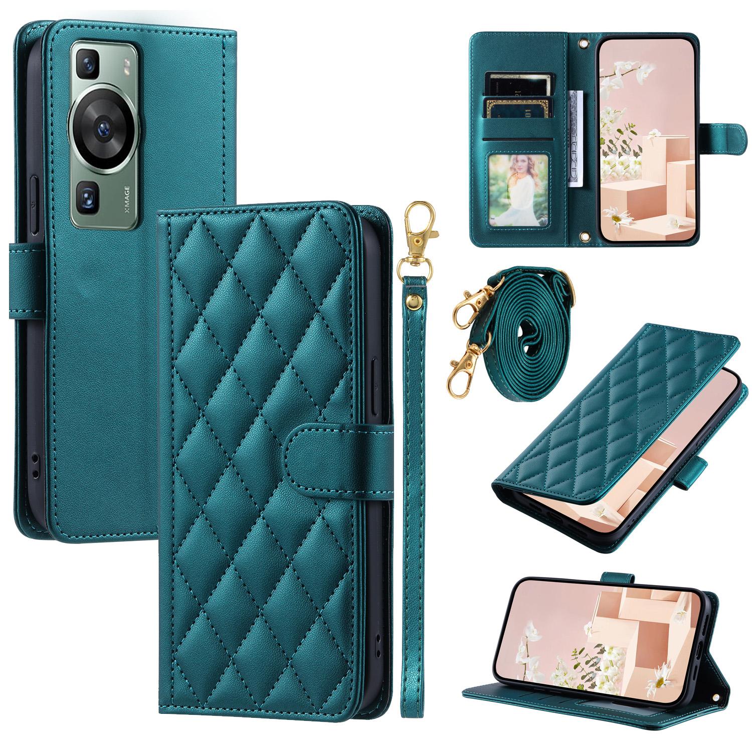 

For Huawei P60/P60 Pro Wallet Case Leather Phone Cover Rhombus Grid Pattern Green